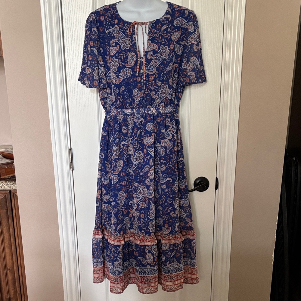 Lost + Wander Western Butterfly Sleeve Blue/Coral Paisley Midi Dress Size S NWOT